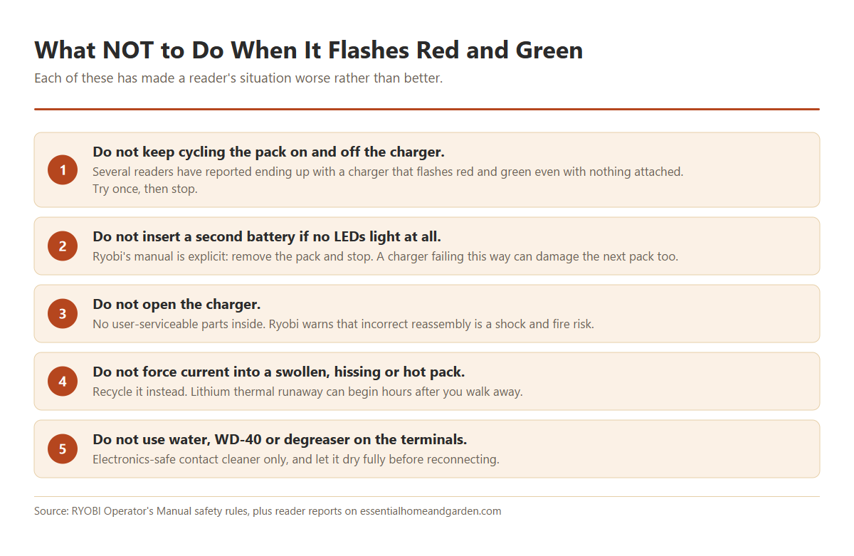 Five things to avoid when a RYOBI charger flashes red and green, including repeatedly cycling the pack on and off the charger.