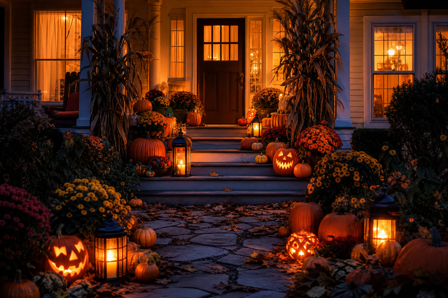 A decorated fall front porch at blue hour with warm light from windows and lit lanterns on the steps