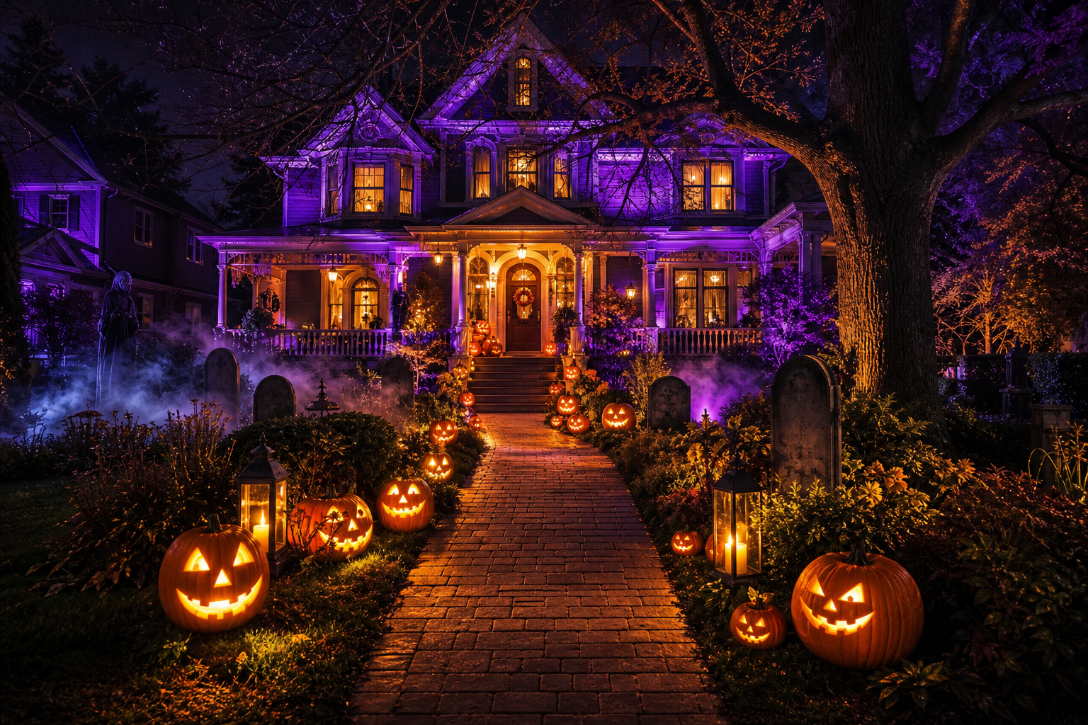 A decorated Halloween house seen from the sidewalk at night with glowing pumpkins, lit ghosts and fog on the lawn