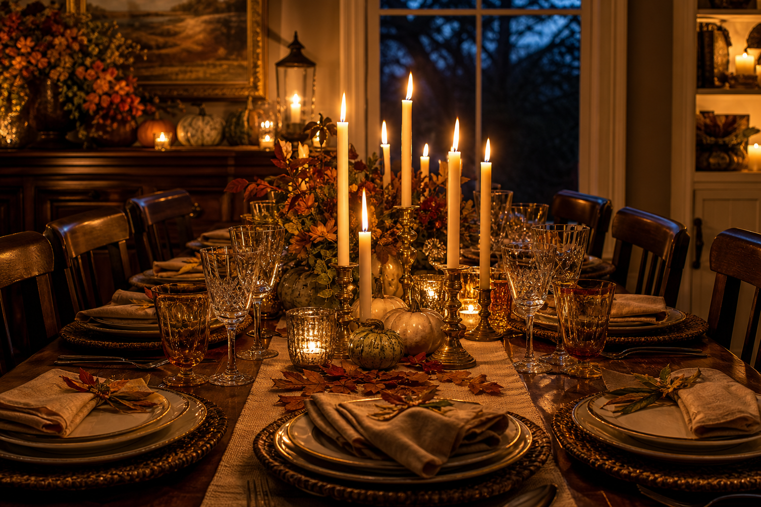 A Thanksgiving table just before guests arrive with every taper candle lit and glassware catching the flame