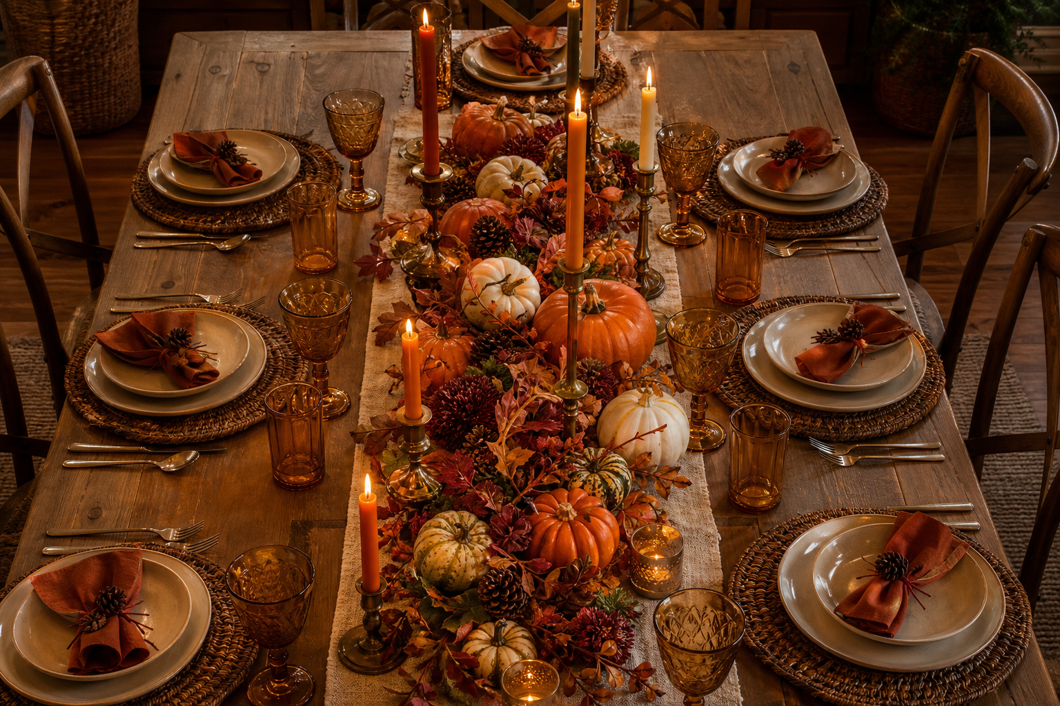 A Thanksgiving table set for eight with a low runner of mini pumpkins and gourds, brass candlesticks and amber glassware