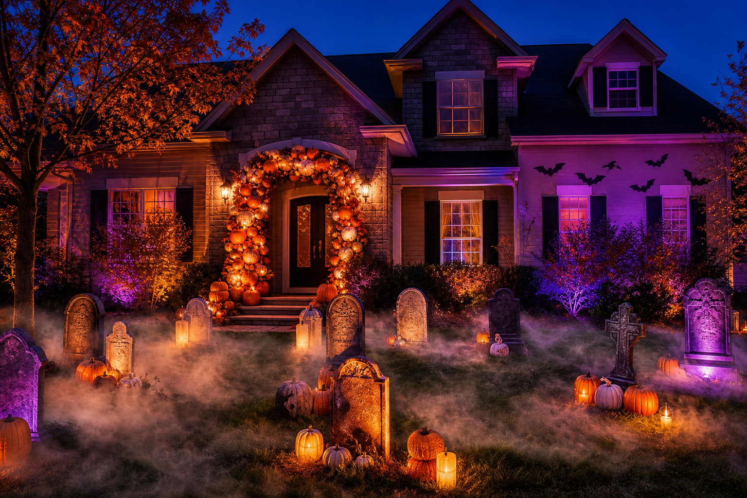 A suburban house decorated for Halloween at dusk with a pumpkin arch, purple lighting, tombstones and ground fog