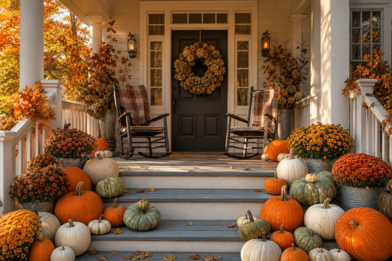 A covered front porch decorated for fall with pumpkins on the steps, a dried hydrangea wreath and mums in galvanized buckets
