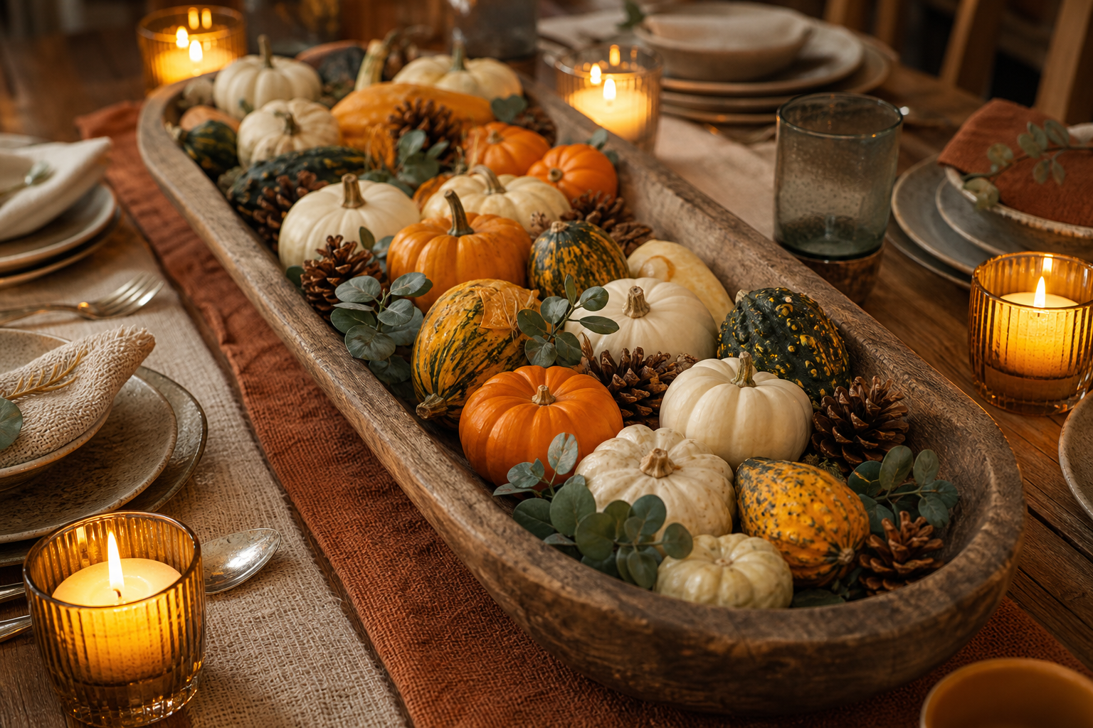A long carved wooden dough bowl filled with small pumpkins, gourds and pinecones down the centre of a dining table