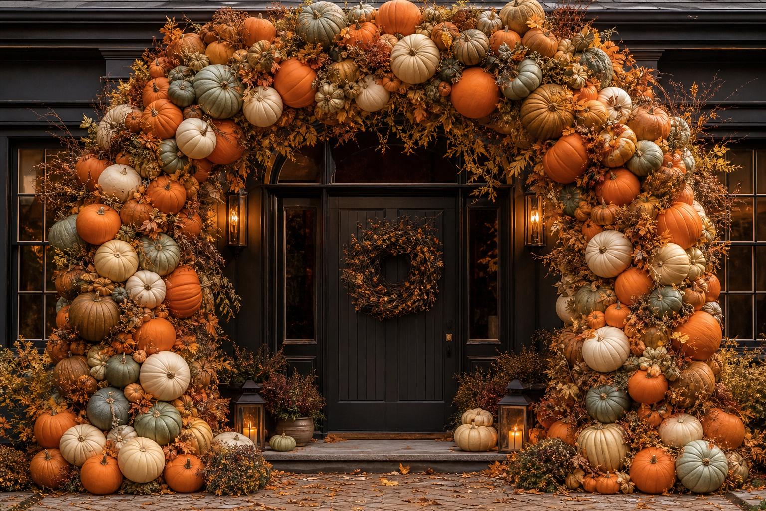 A large arch framing a front doorway completely covered in faux pumpkins in orange, cream and pale green with dried vines