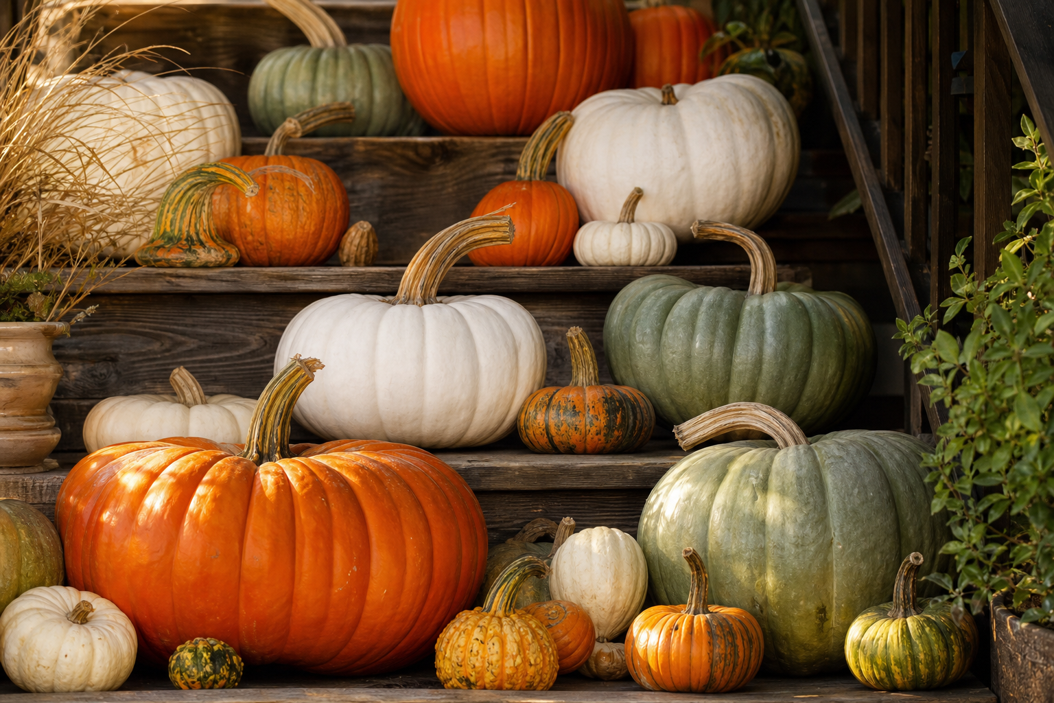 Pumpkins of graduated sizes in orange, white and pale green massed along front porch steps