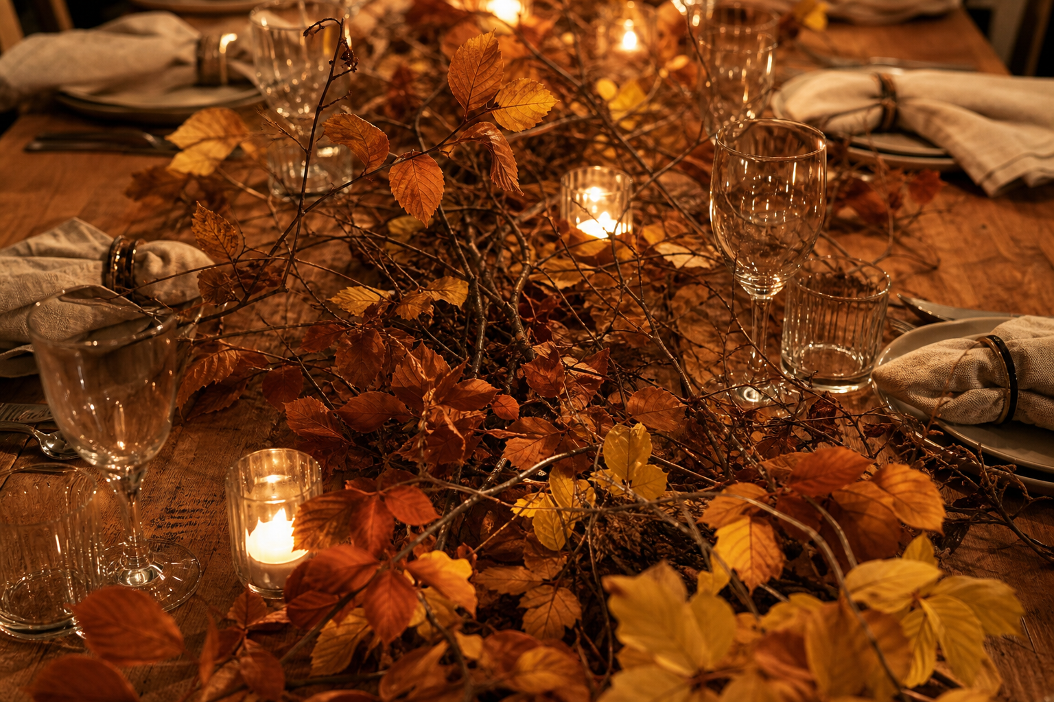 Foraged bare branches and rust autumn foliage laid down a table centre with small votive candles between them