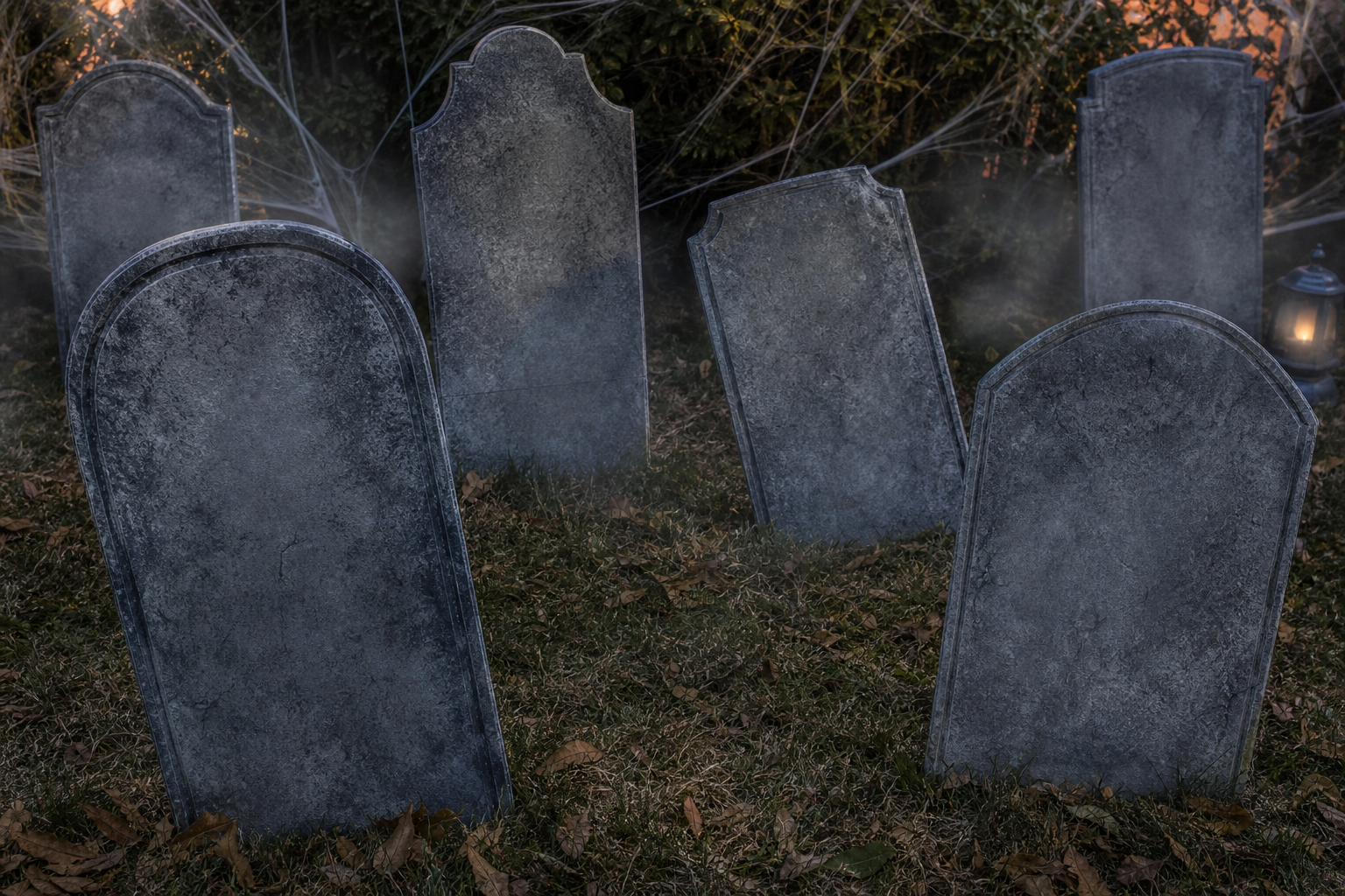Weathered grey faux tombstones leaning at crooked angles in a misty front lawn with dry leaves at their bases