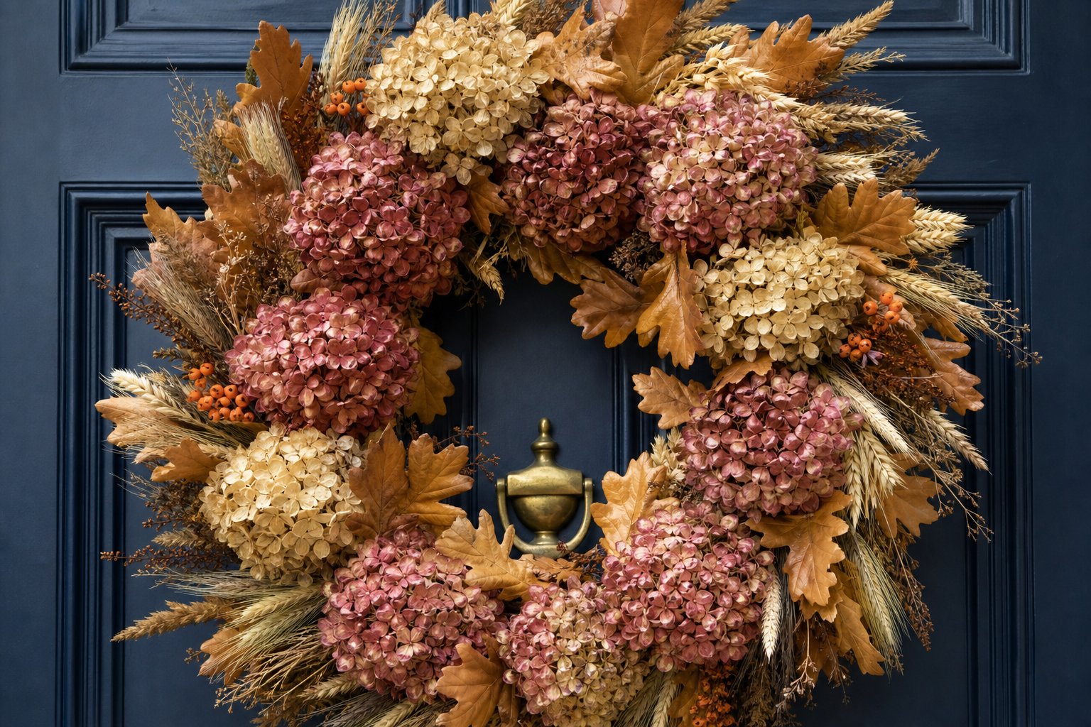 A large autumn wreath of dried hydrangea, wheat and preserved oak leaves on a dark navy front door