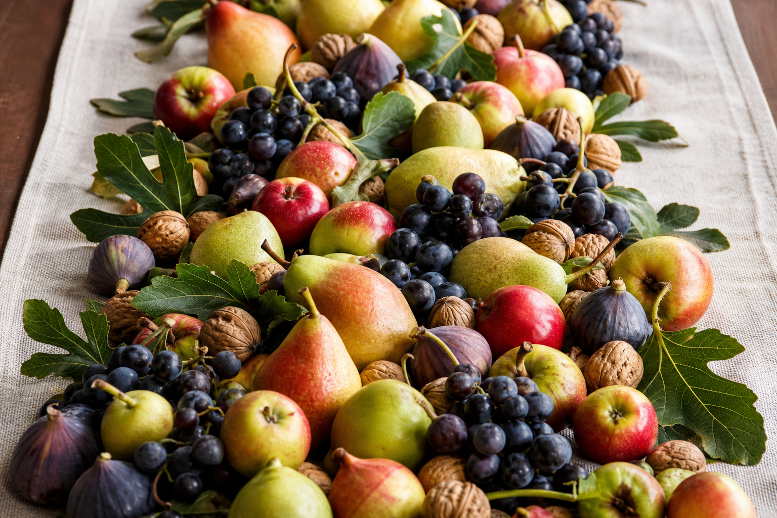 A table runner of small apples, pears, figs, grapes and walnuts in their shells down a linen runner