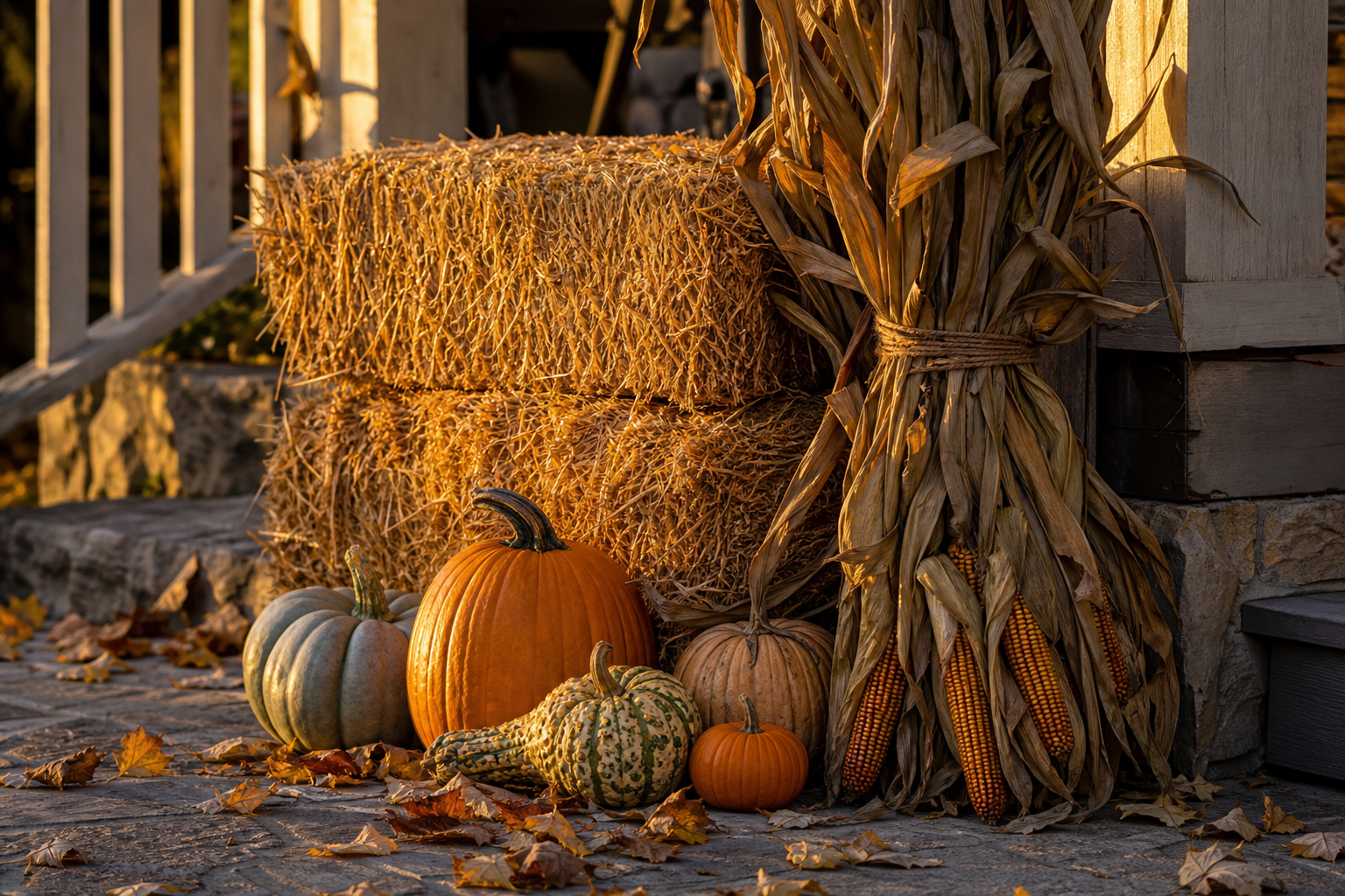 Straw bales stacked with dried cornstalks tied against a porch post, pumpkins at the base