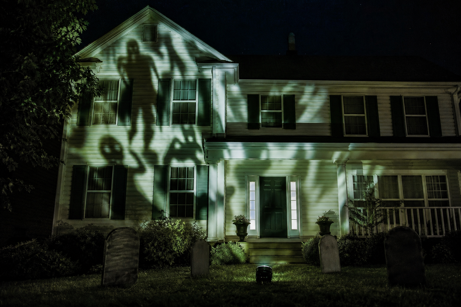 A house front at night with a projection spotlight throwing large ghostly shadow shapes across the siding