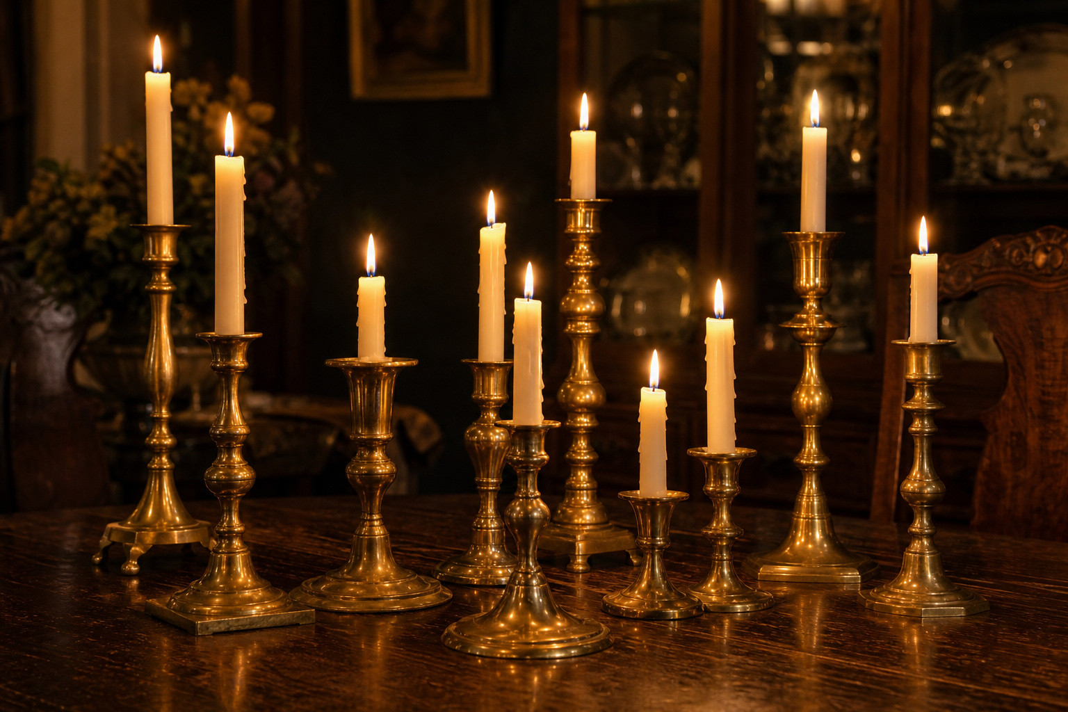 A cluster of vintage brass candlesticks at different heights holding lit ivory taper candles on a dark table