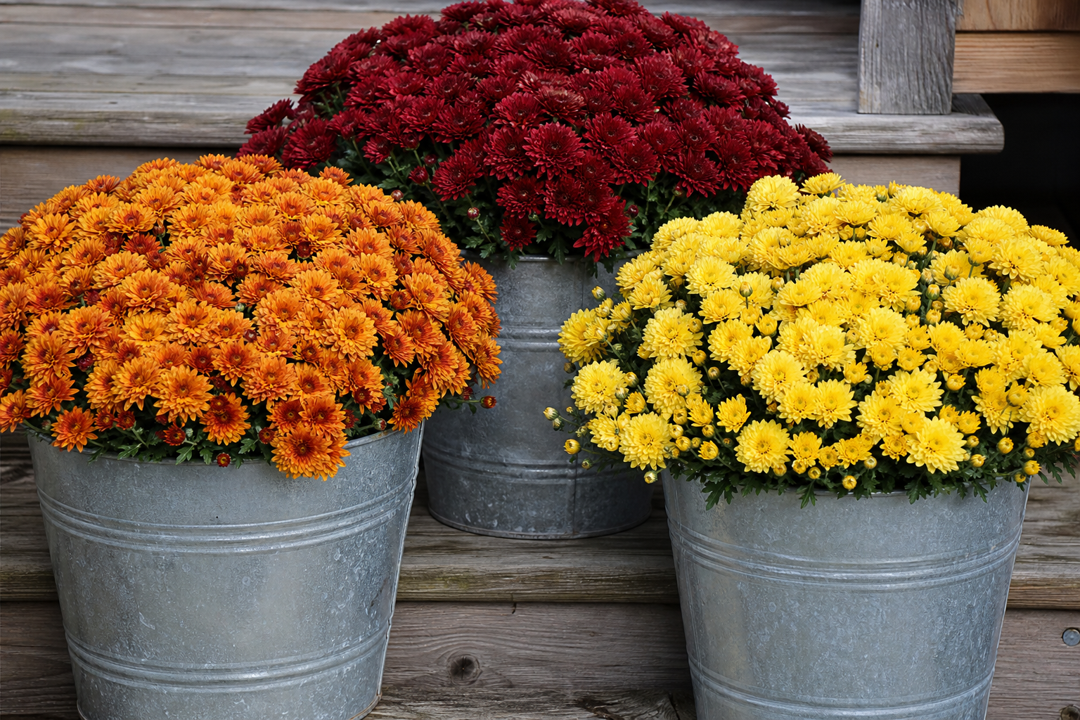 Three galvanized buckets on porch steps planted with dense mums in burnt orange, burgundy and yellow