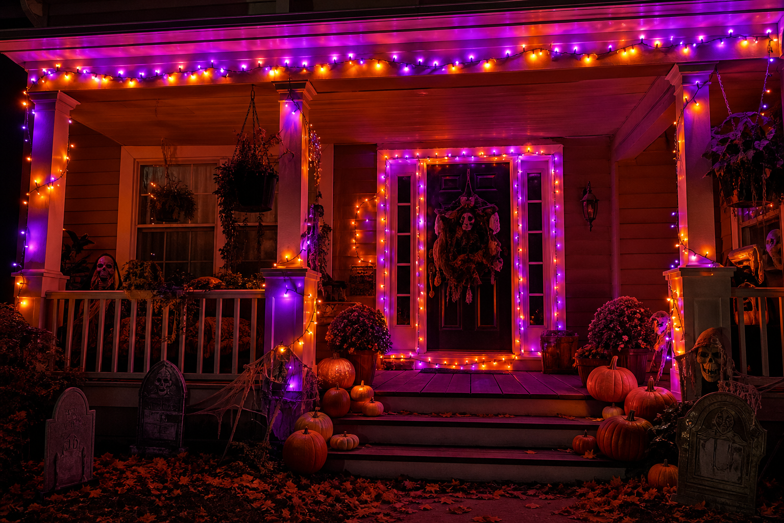 A covered porch strung with orange and purple lights along the eaves and around the front door frame at night