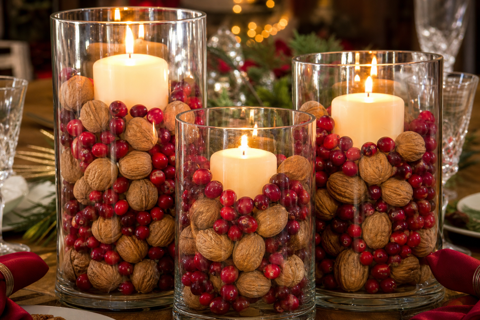 Three glass hurricane vases filled with walnuts and cranberries with lit pillar candles standing in each
