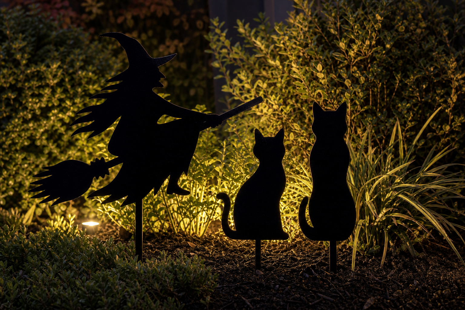 Flat black silhouette lawn stakes of a witch on a broomstick and cats backlit by a low warm garden light