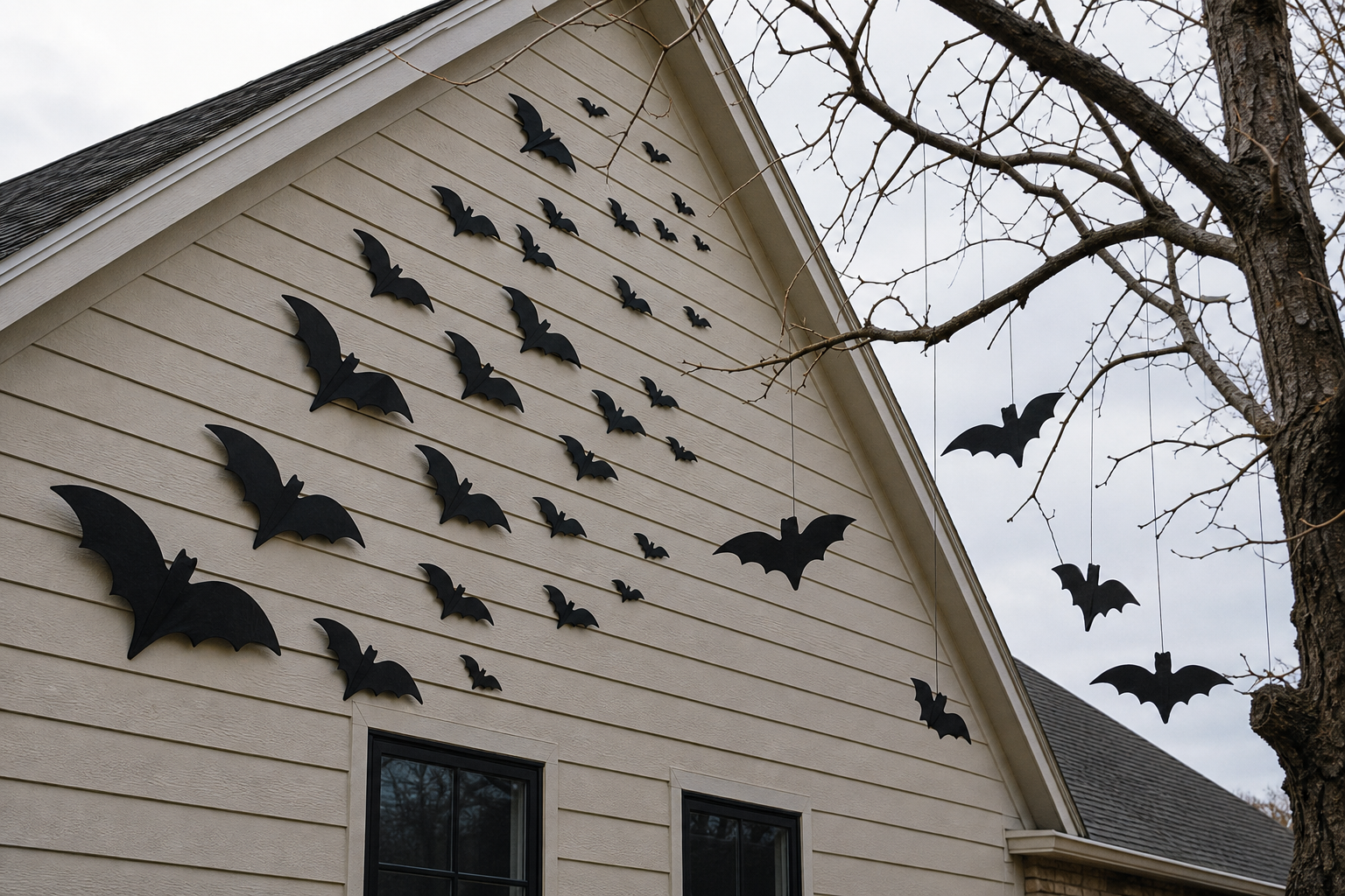 Black bat silhouettes in graduated sizes fixed to a pale house wall as if flying toward the roofline