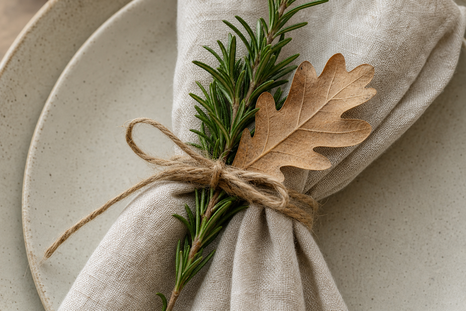 A folded linen napkin tied with twine and a sprig of rosemary on a cream stoneware plate