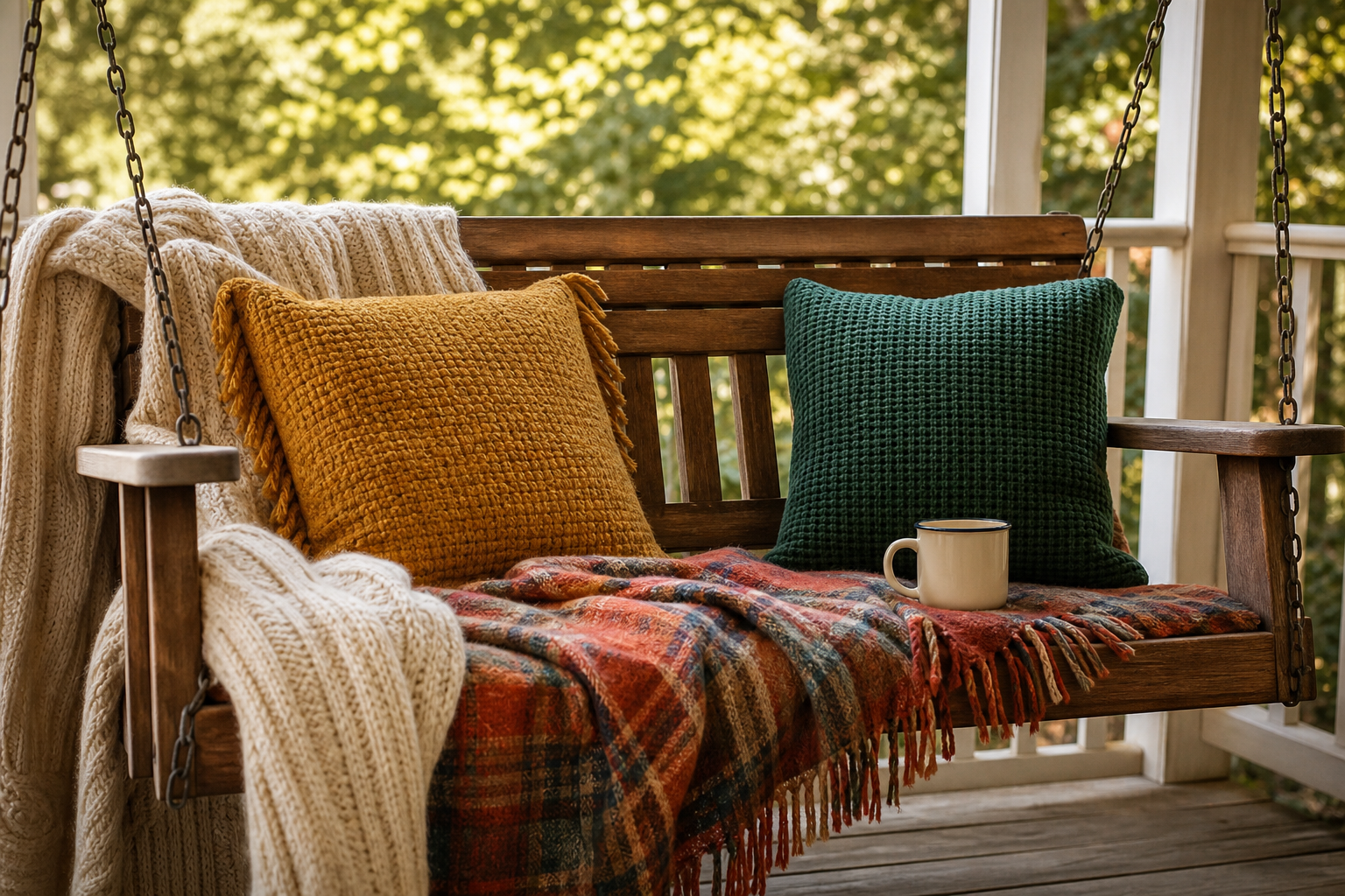 A wooden porch swing draped with a cream knit throw and rust plaid blanket with textured cushions