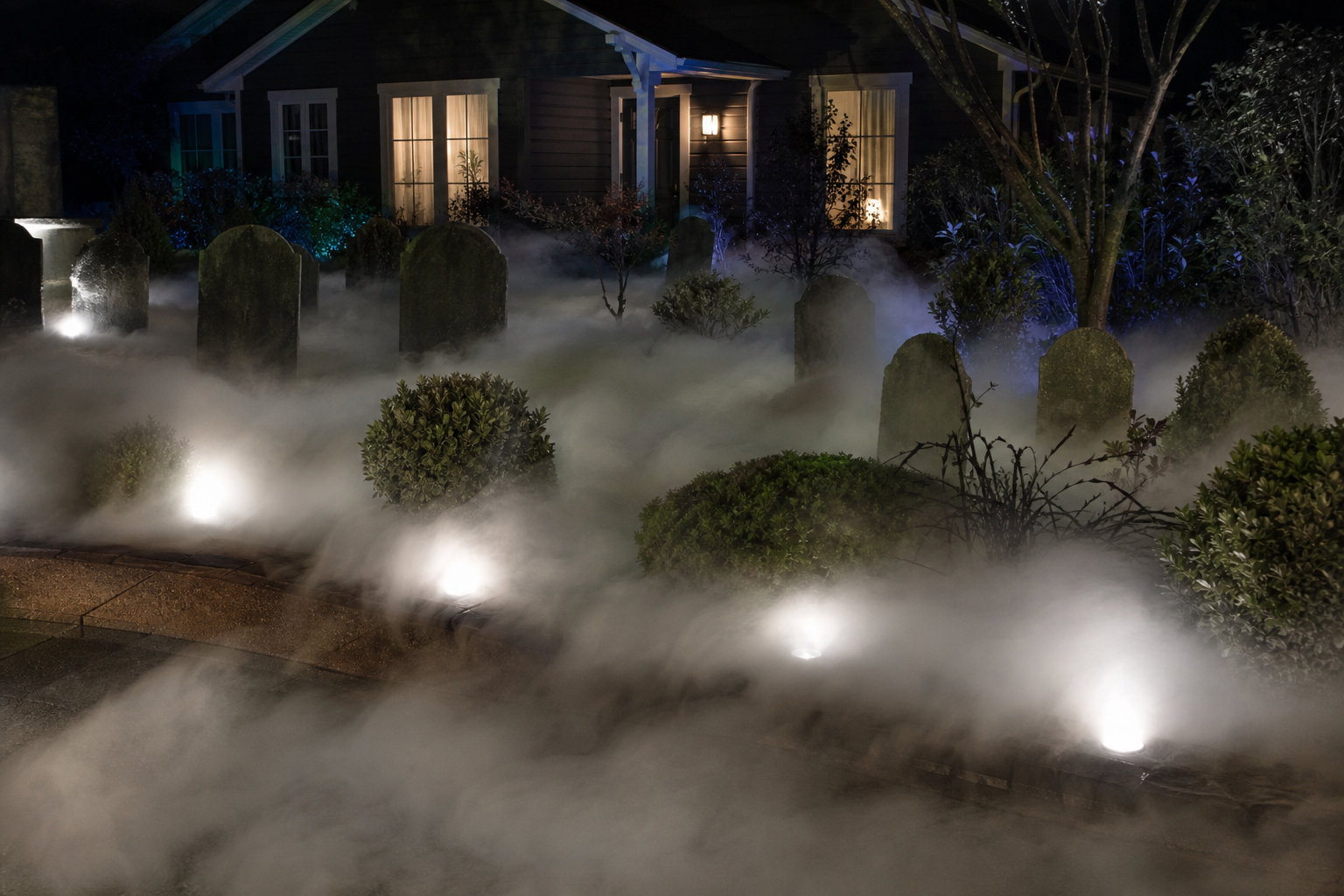 A front yard at night with low white ground fog rolling across the lawn and over a path edge