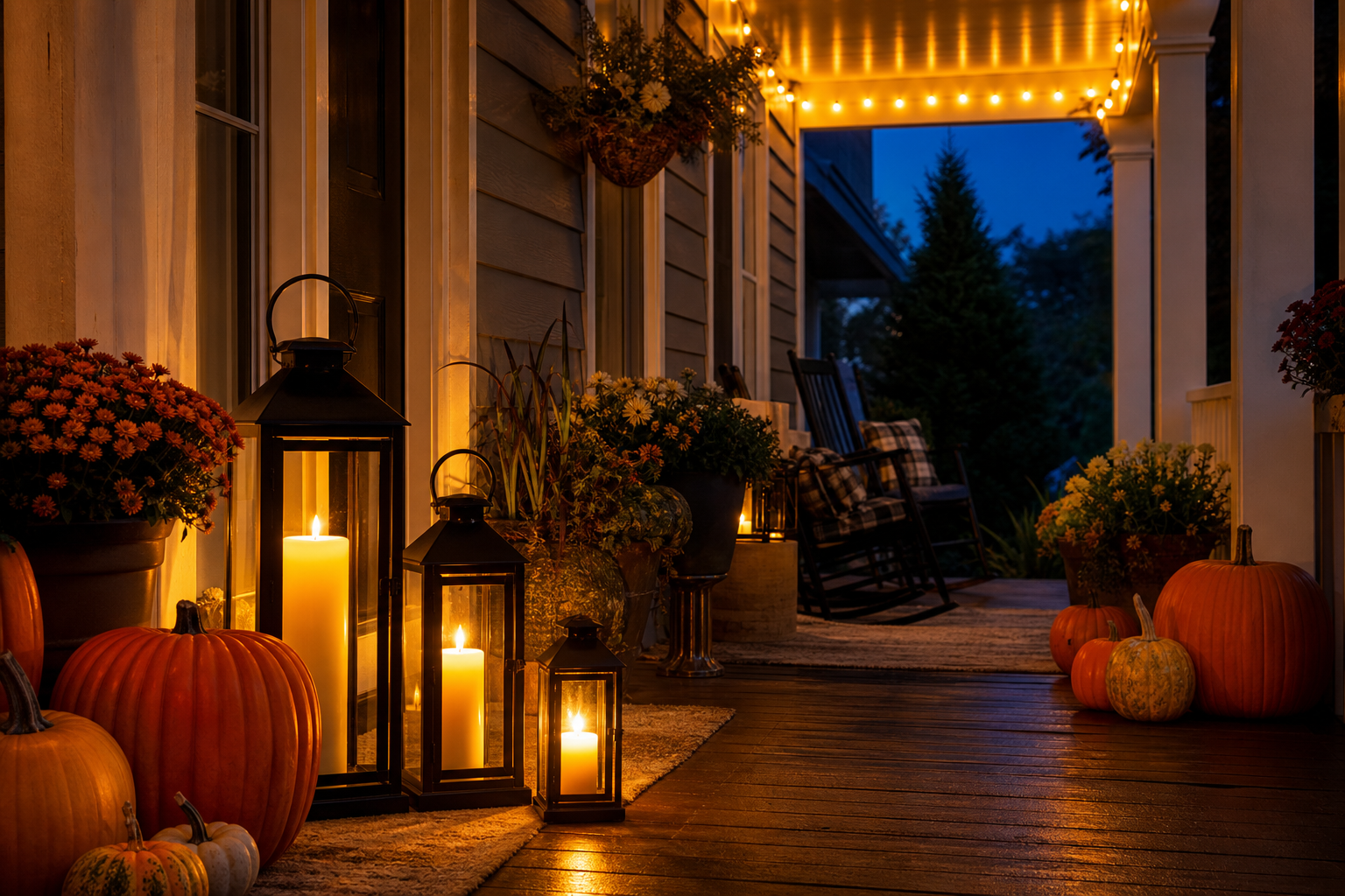 A front porch at dusk lit by lanterns with pillar candles and warm amber string lights along the ceiling