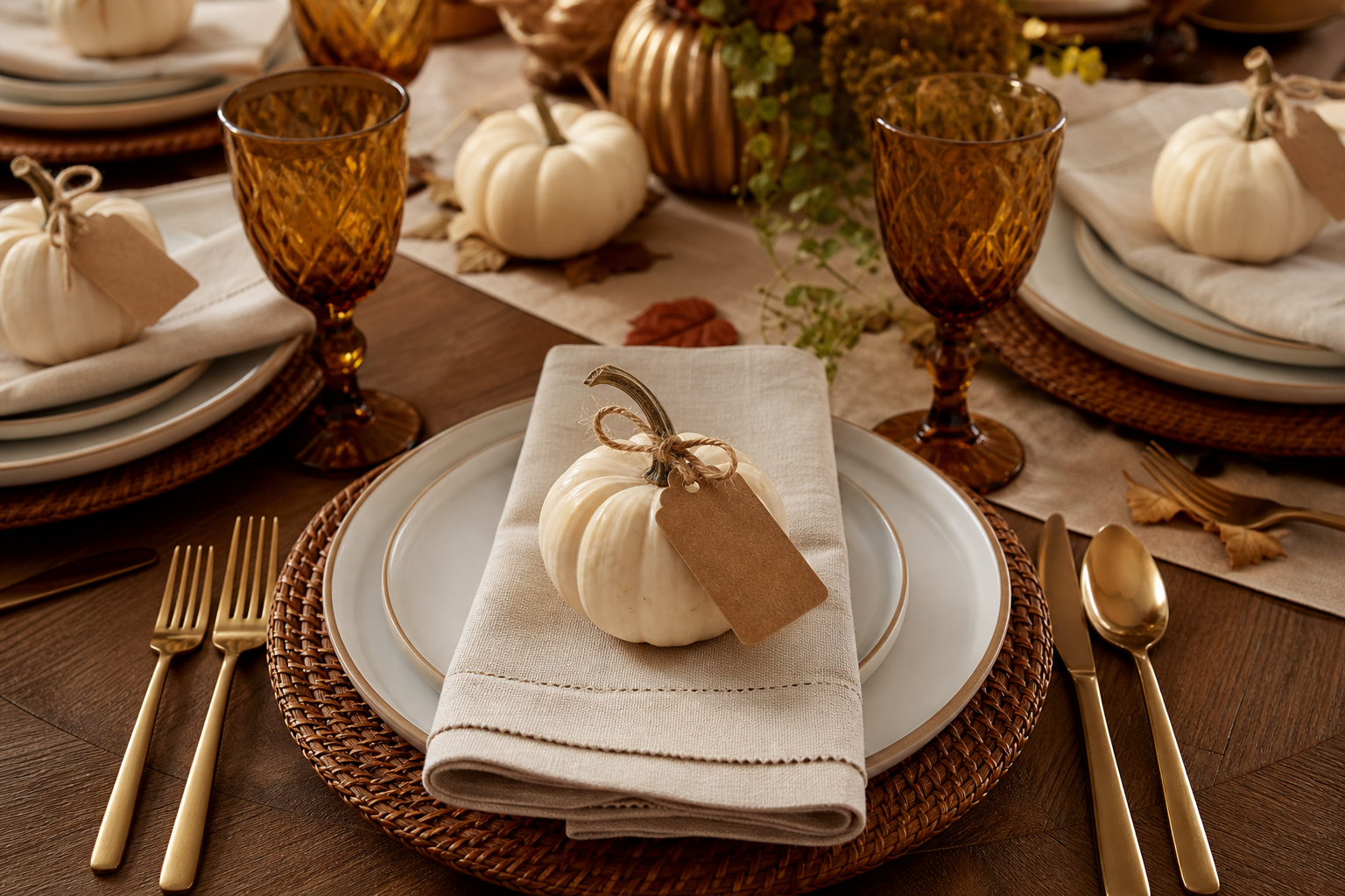 Place settings each topped with a small white mini pumpkin on the folded napkin with a blank kraft tag tied to the stem