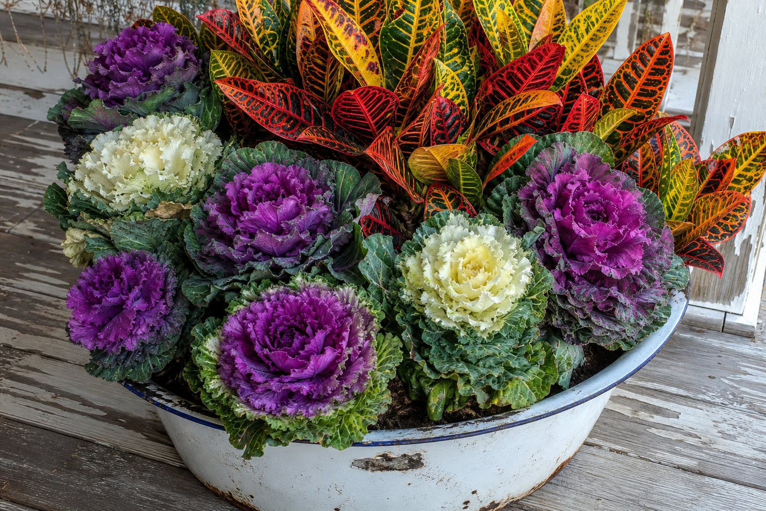 An enamelware wash tub planted with purple and cream ornamental cabbage and red and orange croton