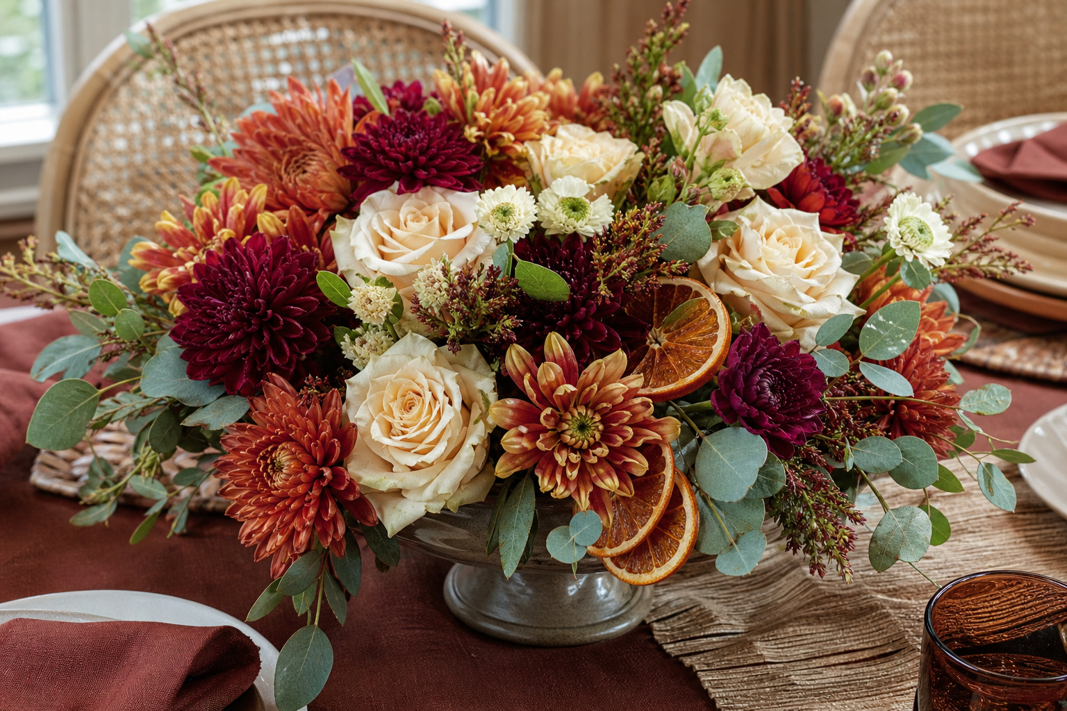 A low loose flower arrangement in a footed ceramic bowl with rust and burgundy flowers, eucalyptus and dried orange slices