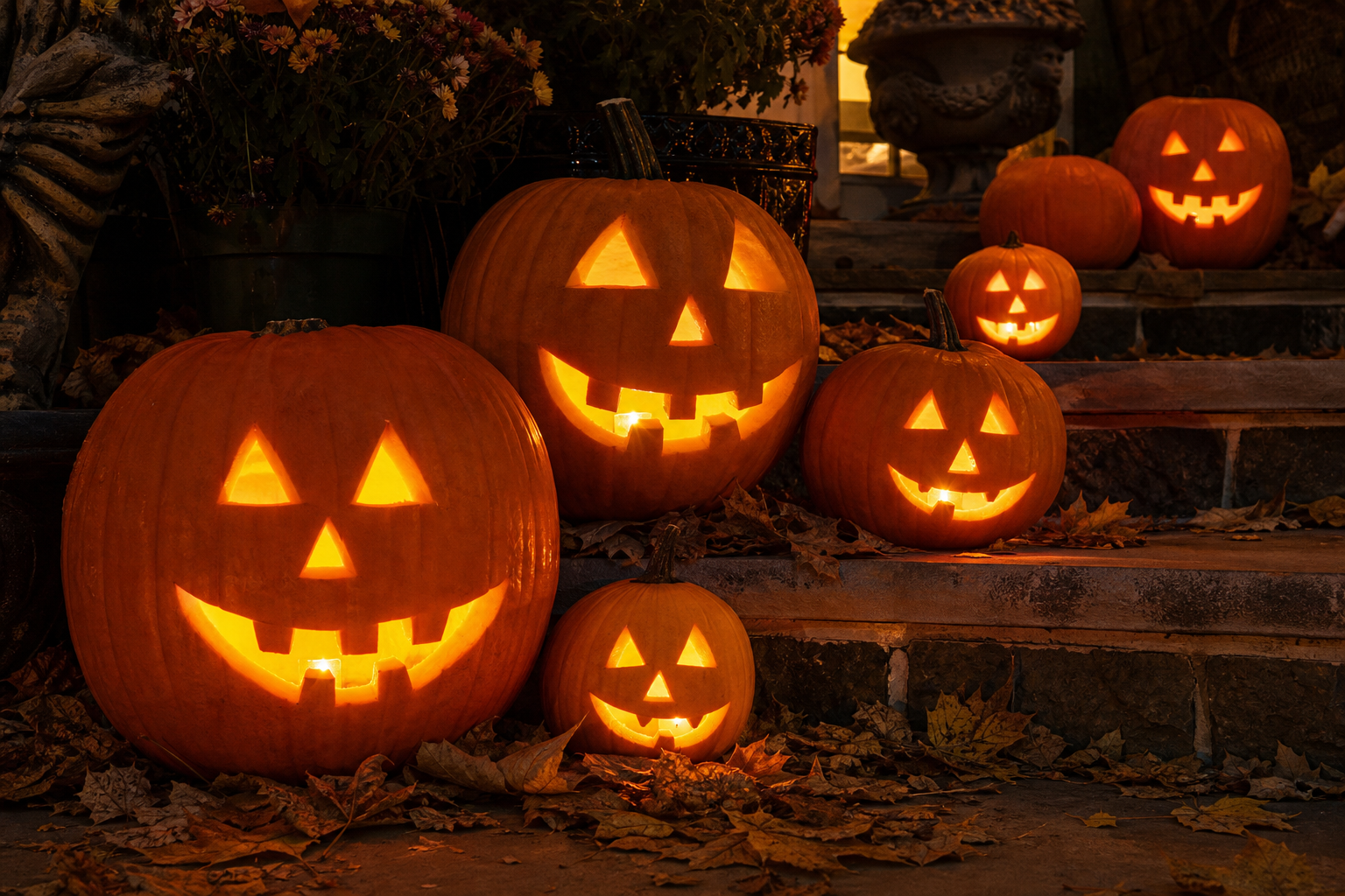 Carved jack o lanterns of different sizes lined along front porch steps each lit warmly from inside