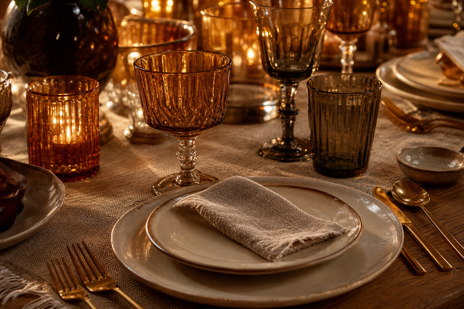 A table setting with amber and smoked glass tumblers catching warm light over an oatmeal linen runner
