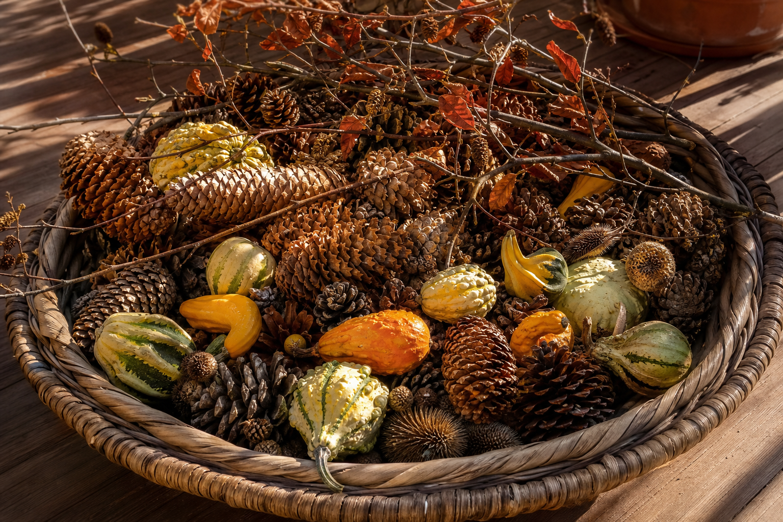 A wide woven basket filled with foraged pinecones, small gourds, dried seed heads and bare branches