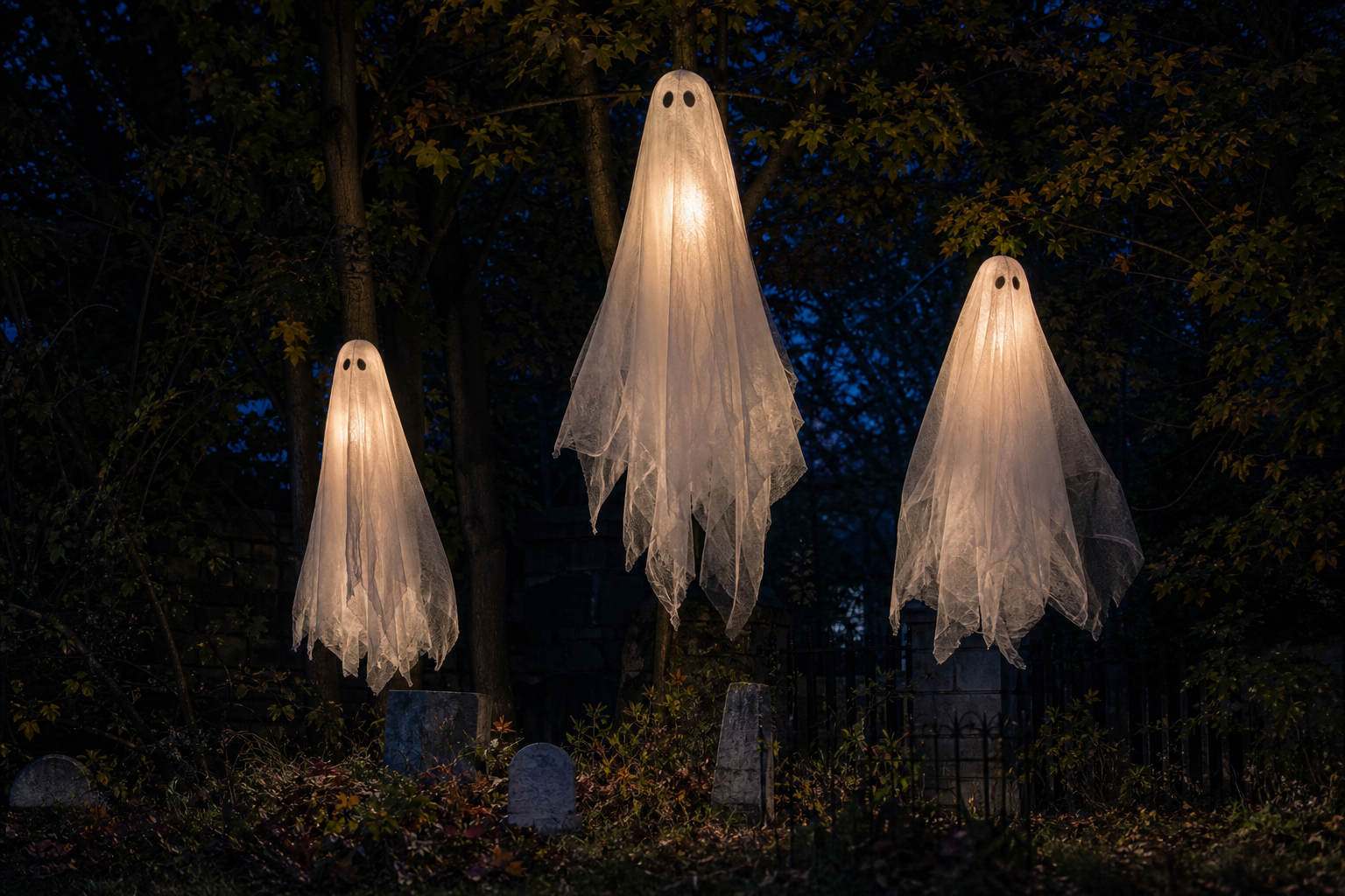 Three softly lit cheesecloth ghost figures floating at different heights among trees in a front yard at night