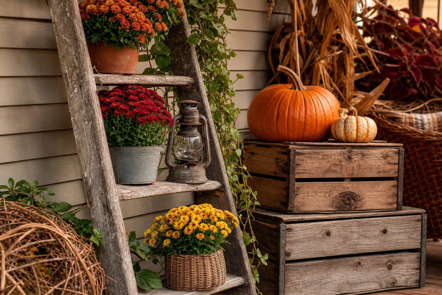 A weathered wooden ladder leaning on a porch wall holding potted mums and a lantern beside stacked crates