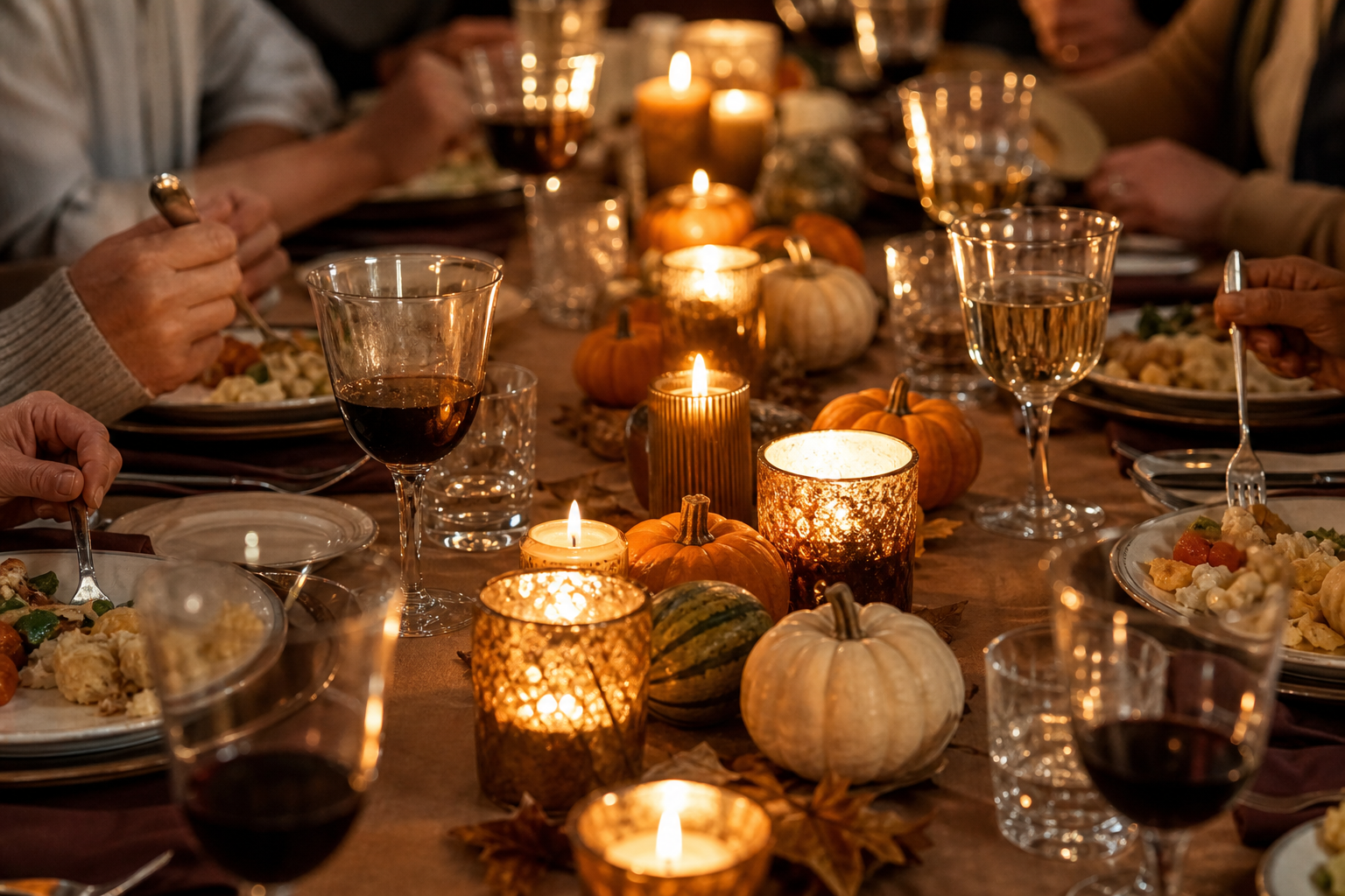 A Thanksgiving table photographed at seated eye level showing a low centre line of candles and mini pumpkins