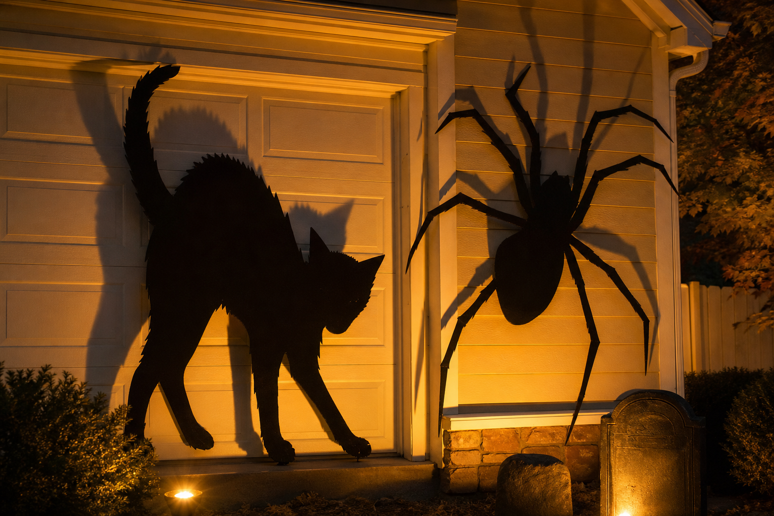 Large flat black silhouette cutouts of a cat and a spider on a garage door lit from below casting long shadows