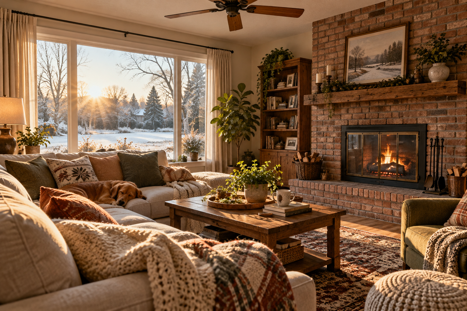 Sunny winter living room with the curtains pulled wide open on a large window