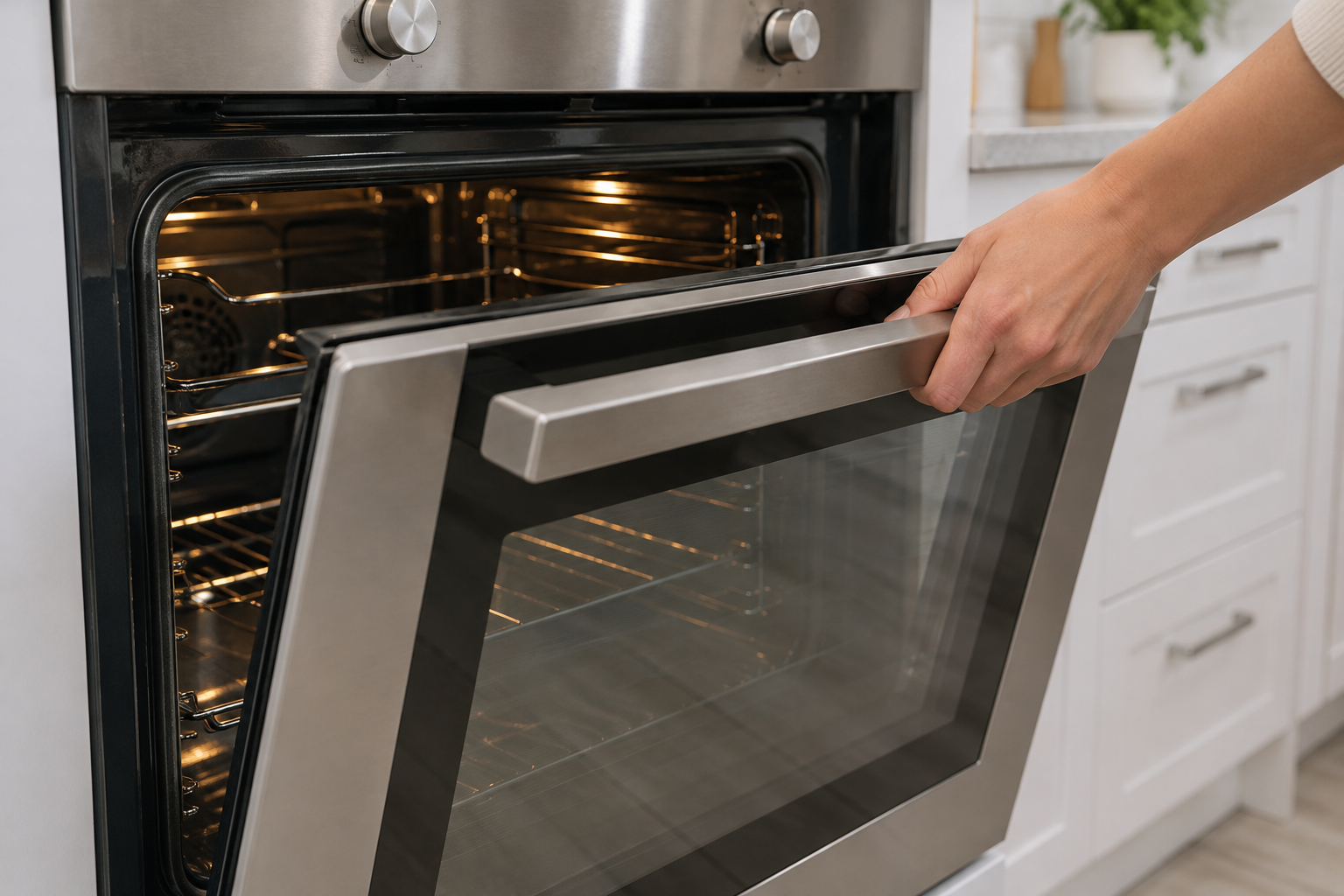 Hand closing an empty oven door