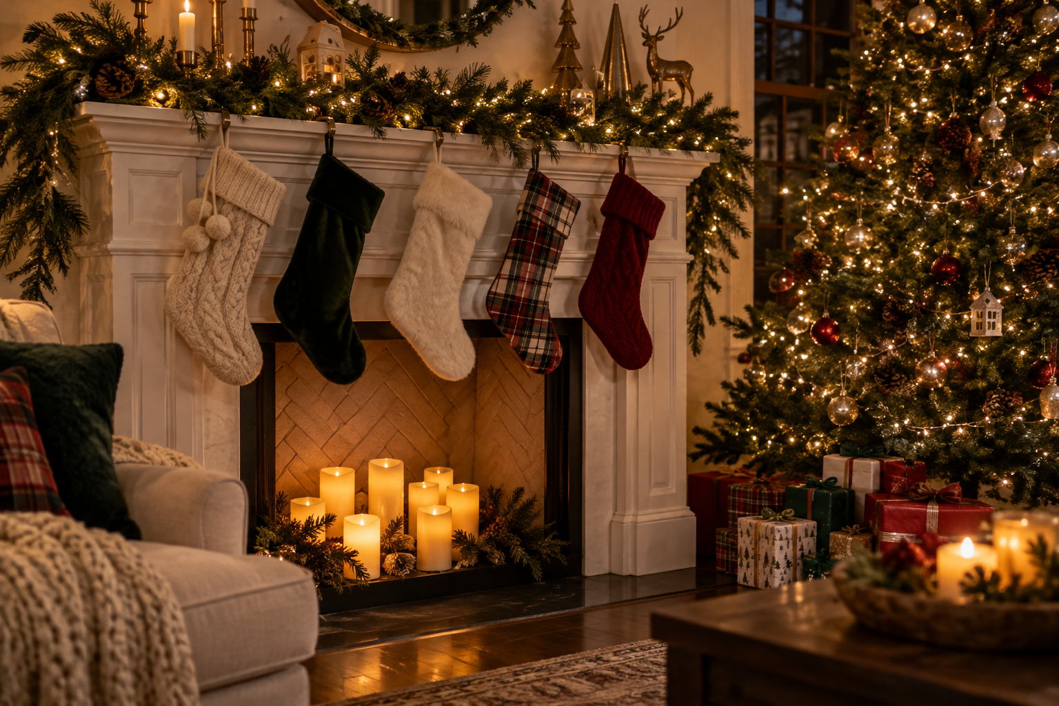 Faux fireplace dressed for Christmas with stockings, garland and a tree