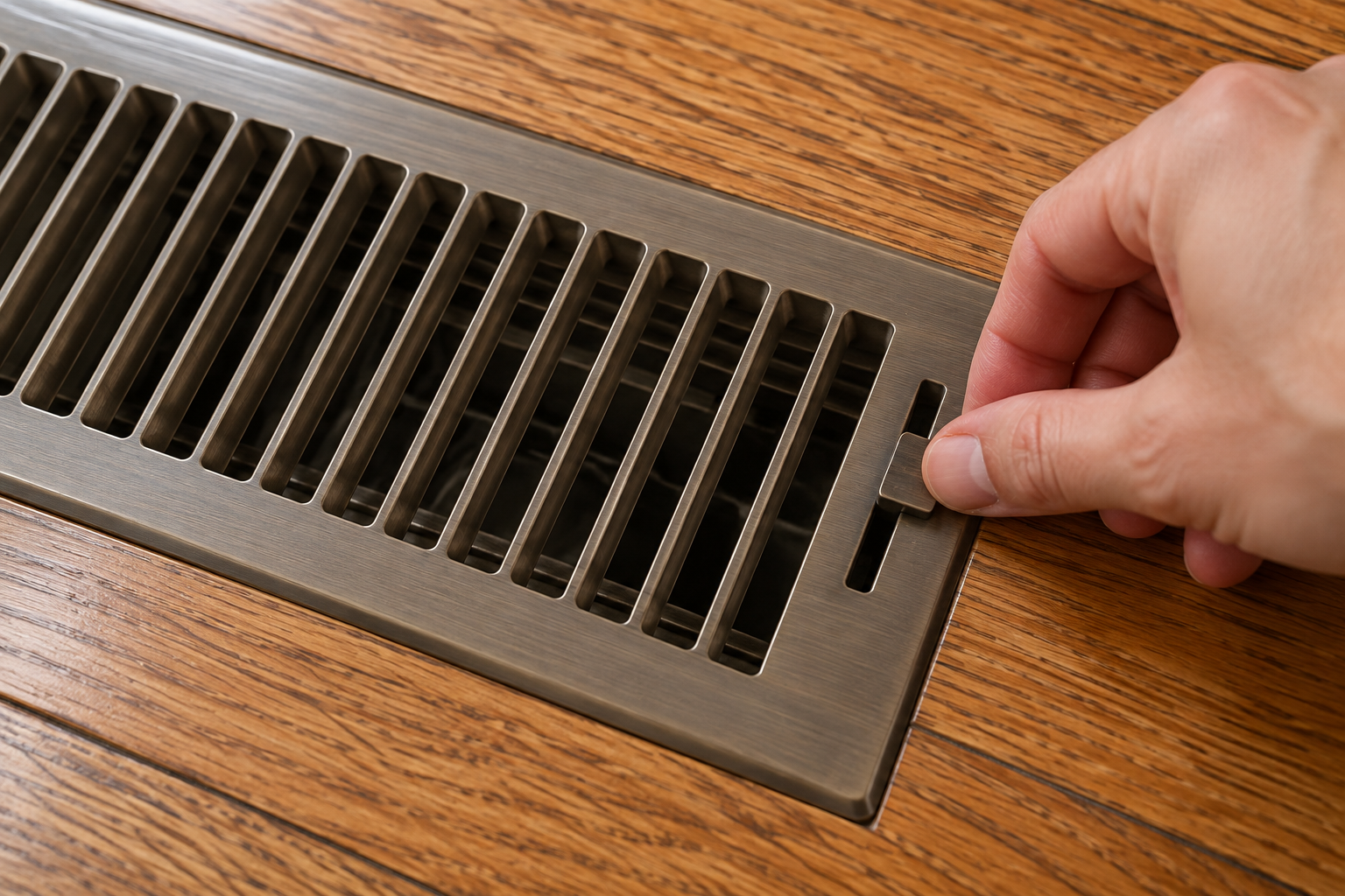 Hand adjusting a metal floor vent register