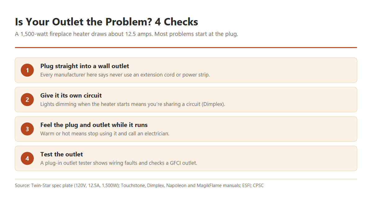 Four outlet and circuit checks for an electric fireplace: plug it straight into the wall with no extension cord or power strip, make sure nothing else is on the same circuit, feel the plug and outlet for heat, and test the outlet with an outlet tester.