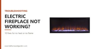 Electric fireplace not working troubleshooting guide, shown beside a Touchstone Sideline Elite electric fireplace