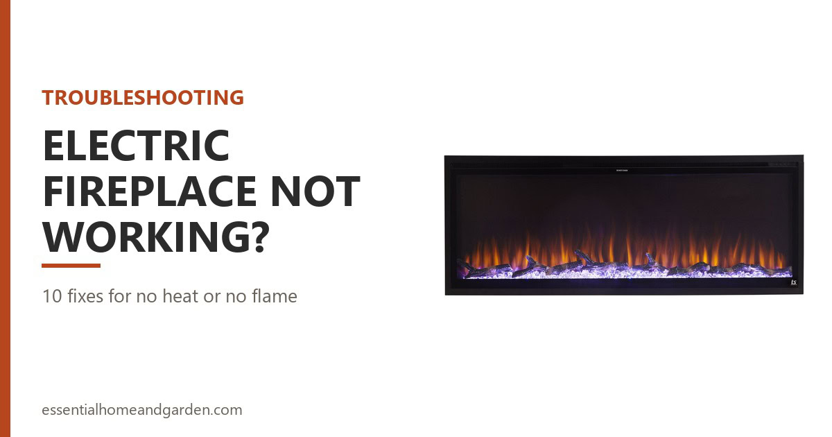 Electric fireplace not working troubleshooting guide, shown beside a Touchstone Sideline Elite electric fireplace