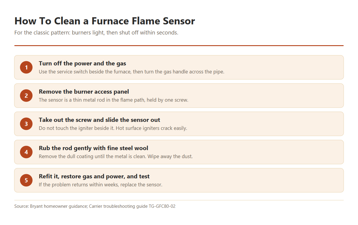 Five steps to clean a furnace flame sensor: turn off power and gas, remove the access panel, take out the single screw holding the sensor, rub the rod gently with fine steel wool, then refit it and restore power and gas.
