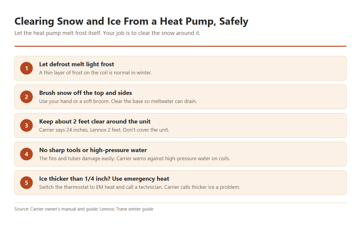 Five steps to clear snow and ice from a heat pump outdoor unit: let the defrost cycle melt light frost, brush snow off the top and sides by hand, clear 2 feet around the unit, never use sharp tools or high pressure water on the coil, and switch to emergency heat and call a technician if ice is thicker than a quarter inch.