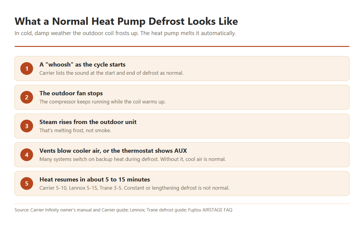 Five signs of a normal heat pump defrost cycle: a whoosh as the cycle starts, the outdoor fan stops, steam rises from the outdoor unit, the vents may blow cooler air or the thermostat shows AUX, and heat resumes after about 5 to 15 minutes.