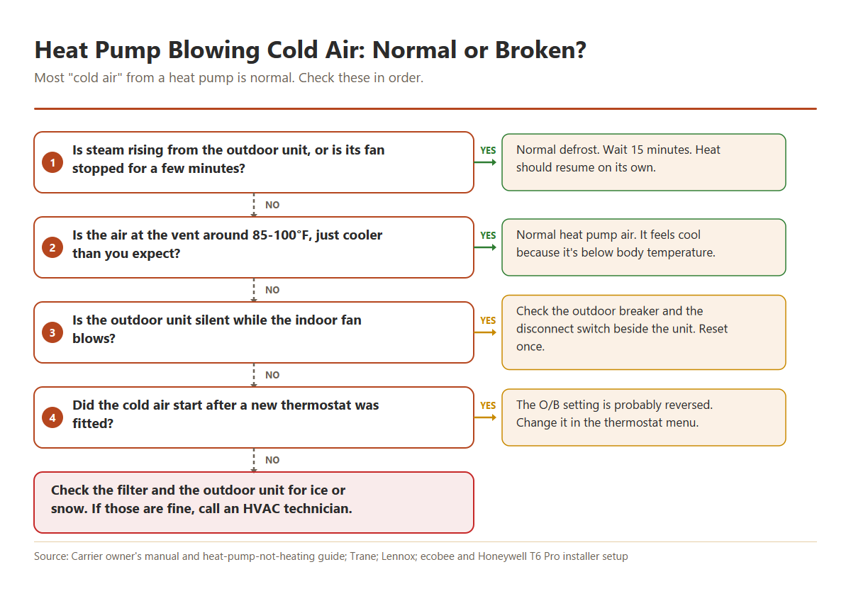 Flowchart for a heat pump blowing cold air in heat mode: steam from the outdoor unit means a normal defrost; air around 85 to 100 degrees is normal heat pump air; a silent outdoor unit points to a breaker or disconnect; cold air only after a thermostat change points to the O/B setting; anything else needs a technician.