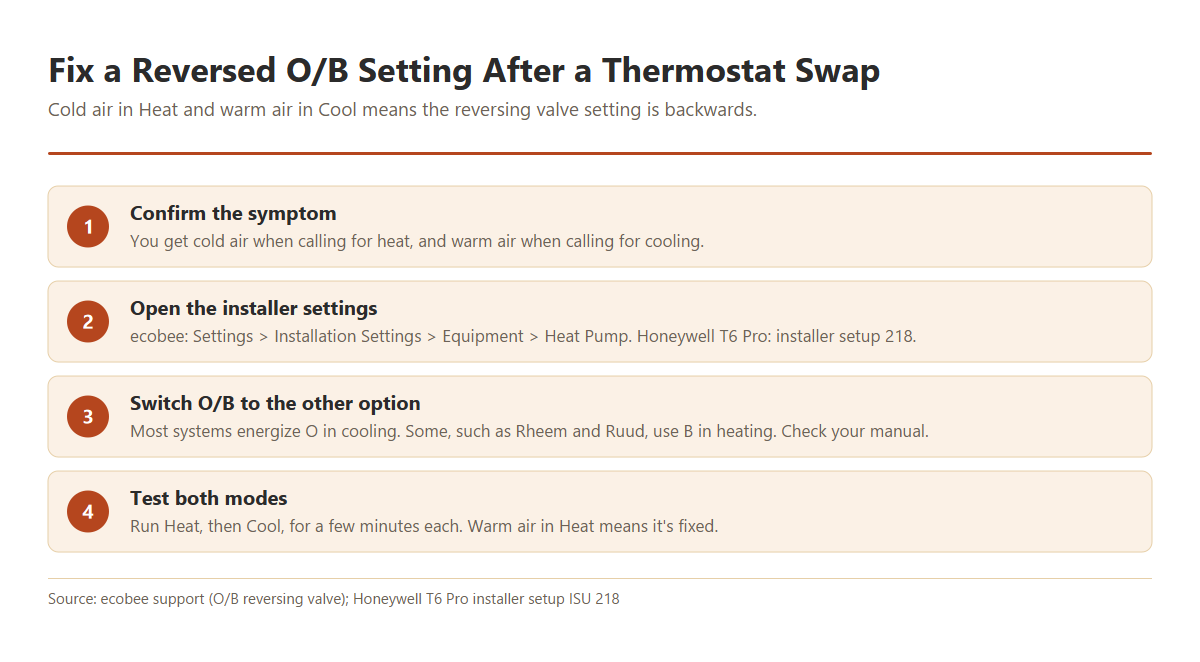 Four steps to fix a reversed O/B setting on a heat pump thermostat: confirm heat in cool mode and cold in heat mode, find the O/B setting in the installer menu, switch it to the other option, then test both modes.
