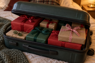 Open suitcase on a bed packed with wrapped Christmas presents