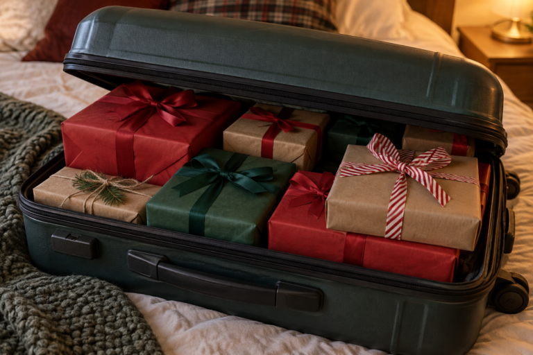 Open suitcase on a bed packed with wrapped Christmas presents